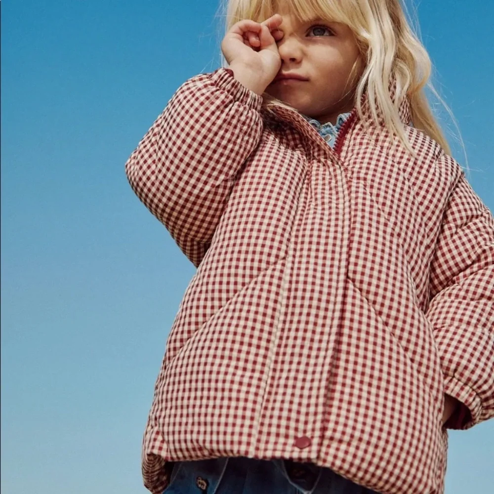 Zara red Gingham puffer Coat ISO - Picture 2 of 2